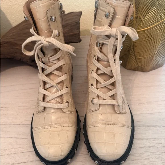 SCHUTZ Cream Croc-Embossed Combat Boots with stud detail - Picture 2 of 9